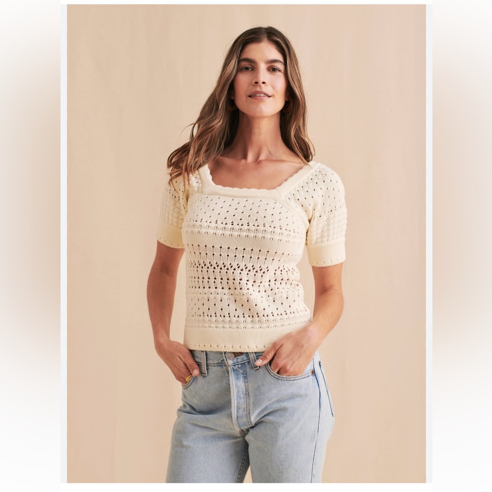 FAHERTY Women's Leandra Knit Short Sleeve Sweater Cream Ivory Size XS Bohemian